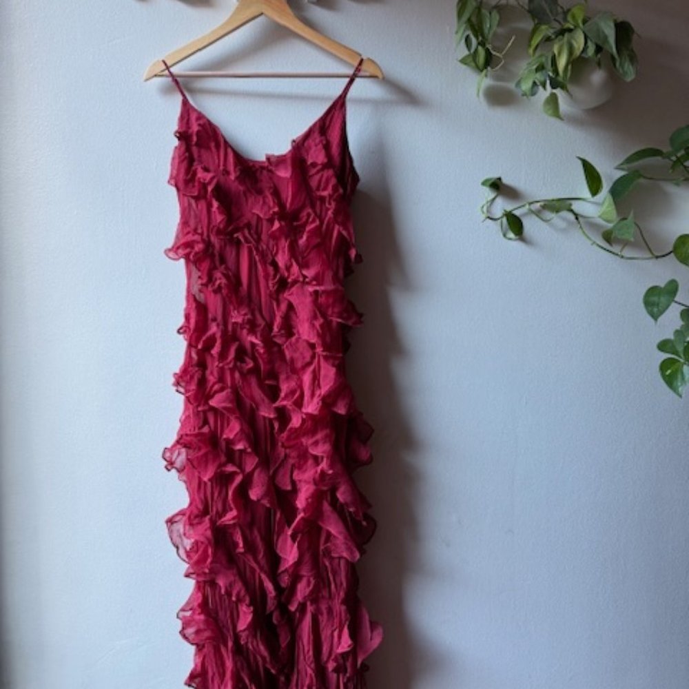 BHLDN Jia Bias-Cut Ruffled V-Neck Gown in Red (Size: 2)